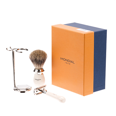 Бритвенный набор Mondial: классический Т-образный станок, помазок, подставка; слоновая кость