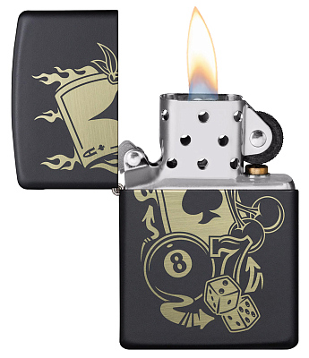Зажигалка ZIPPO Gambling Design с покрытием Black Matte, латунь/сталь, чёрная, матовая, 38x13x57 мм