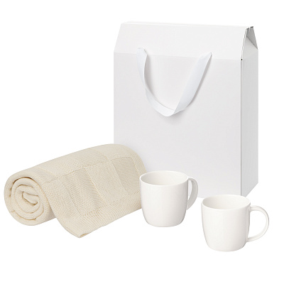Подарочный набор Dafna, Cella, бежевый в коробке-пакете (две фарфоровых кружки, плед) (Белый)