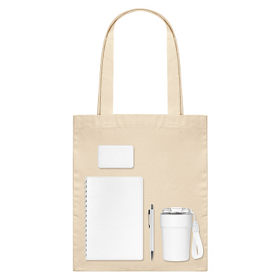 Подарочный набор Велком Пак (Welcome Pack), белый (термокружка, ежедневник, ручка, ЗУ, шоппер) (Белый, бежевый)