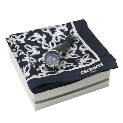 Набор (платок шейный, часы наручные)  (Темно-синий с белым)