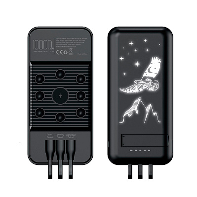 Беспроводное зарядное (22.5/15W) устройство "Topfull SOFTTOUCH" 10000 mAh с подсветкой лого, присосками, встроенными кабелями, с подставкой  (Черный)