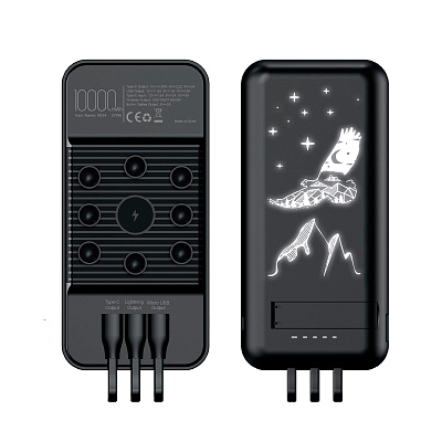 Беспроводное зарядное (22.5/15W) устройство "Topfull SOFTTOUCH" 10000 mAh с подсветкой лого, присосками, встроенными кабелями, с подставкой, черный