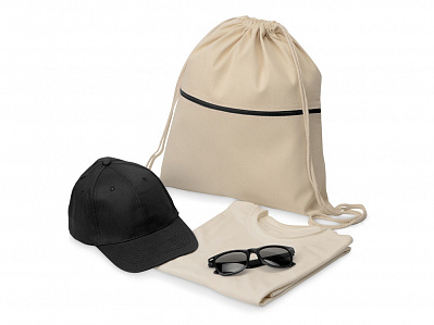 Набор для прогулок Shiny day (Рюкзак- натуральный/черный, футболка- натуральный, бейсболка- черный, очки- черный)