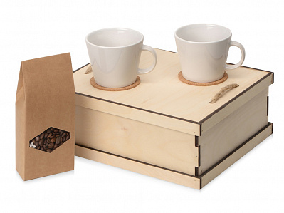 Подарочный набор для кофепития Кофебрейк (Чашки- белый, костеры- светло-коричневый, коробка- натуральный)