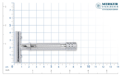 Станок Т-образный для бритья MERKUR 33C, глянцевое хромированное покрытие, прямой срез, закрытый гребень, короткая ручка, лезвие в комплекте (1 шт)