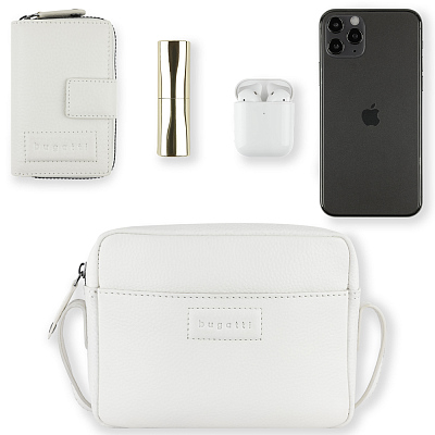 Сумка кросс-боди женская BUGATTI Elsa, белая, воловья кожа/полиэстер, 19х5,5х14 см