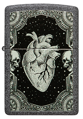 Зажигалка ZIPPO Heart Design с покрытием Iron Stone, латунь/сталь, серая, 38x13x57 мм