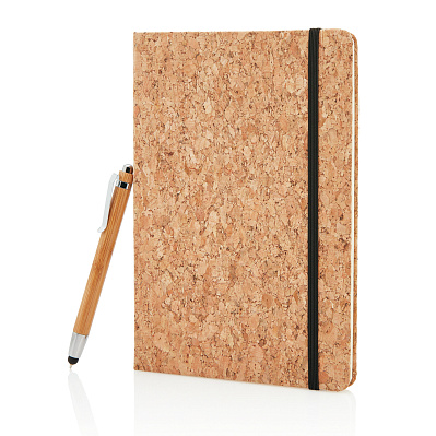 Блокнот Cork на резинке с бамбуковой ручкой-стилус, А5 (Коричневый;)