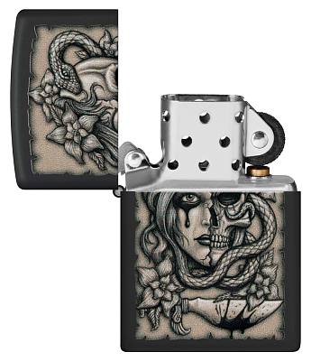 Зажигалка ZIPPO Gory Tattoo с покрытием Black Matte, латунь/сталь, черная, матовая, 38x13x57 мм