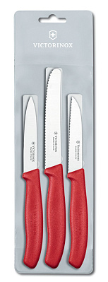 Набор из 3 ножей VICTORINOX Swiss Classic: 2 ножа для овощей 8 см, столовый нож 11 см, красная ручка (Красный)