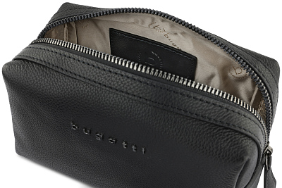 Косметичка BUGATTI Bella, чёрная, воловья кожа/полиэстер, 19х8,5х11 см