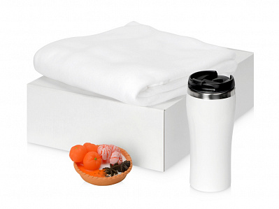 Подарочный набор с пледом, мылом и термокружкой (Плед, термокружка- белый, мыло- оранжевый)
