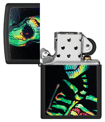 Зажигалка ZIPPO Skeleton Design с покрытием Black Light, латунь/сталь, черная, матовая, 38x13x57 мм