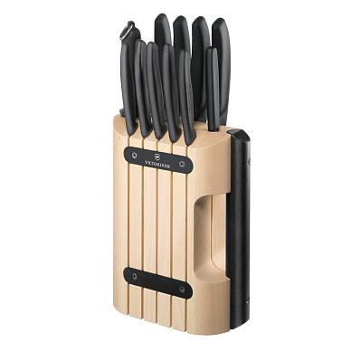 Набор из 11 кухонных ножей VICTORINOX, чёрная рукоять, в подставке из бука высотой 35,5 см (Черный)