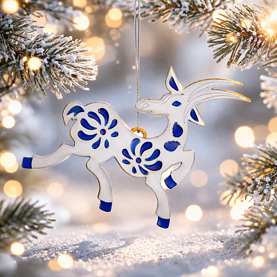 Ёлочная игрушка Коза (серебряный с синим)
