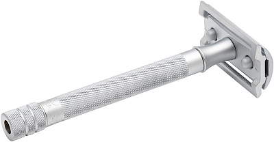 Cтанок Т-образный для бритья MERKUR 22C, матовое хромированное покрытие, прямой срез, закрытый гребень, длинная ручка, лезвие в комплекте (1 шт)