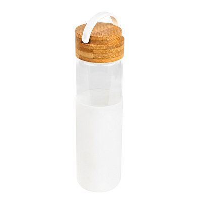 Бутылка стеклянная с силиконовой манжетой и бамбуковой крышкой  Glass, белая (Белый)