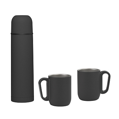 Набор "Гейзер" (термос, 2 кружки), покрытие soft touch, черный