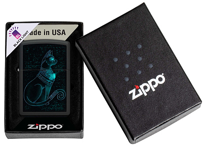 Зажигалка ZIPPO Spiritual Cat с покрытием Black Light, латунь/сталь, черная, матовая 38x13x57 мм