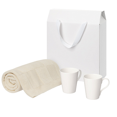 Подарочный набор Vesta, Cella, бежевый в коробке-пакете (две фарфоровых кружки, плед) (Белый)