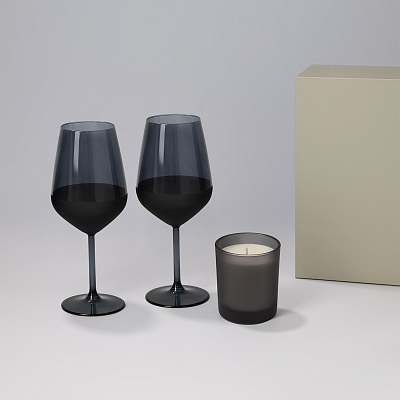 Подарочный набор свеча Enigma + 2 бокала для вина Black Edition в серой коробке (Черный, серый)