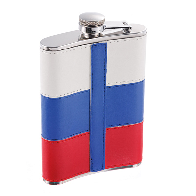 Фляга S.Quire 0,24 л, сталь+искусственная кожа, бело-сине-красная
