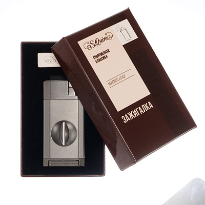 Зажигалка S.Quire газовая, турбо, с гильотиной для сигар, двойное пламя, графит