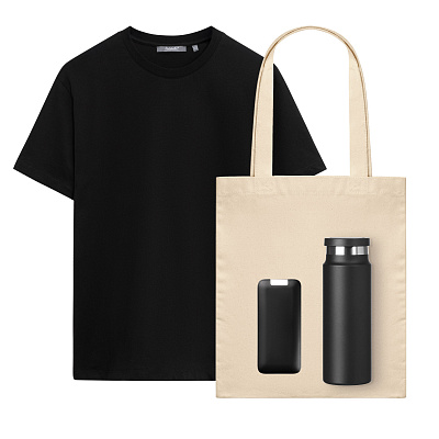 Набор с одеждой Крис (KRIS) (футболка, аккумулятор, термобутылка, шоппер), черный, S (Чёрный)