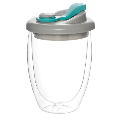 Стакан стеклянный Lotos с двойными стенками и крышкой, голубой (Голубой полуматовый) Стакан стеклянный Lotos с двойными стенками и крышкой, голубой (Голубой полуматовый)