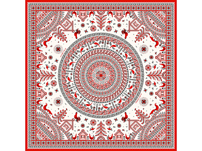 Платок Мезенская роспись (Красный, белый)
