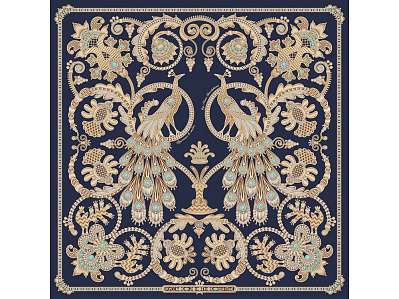 Платок Русское золотное шитьё (Темно-синий, золотистый)